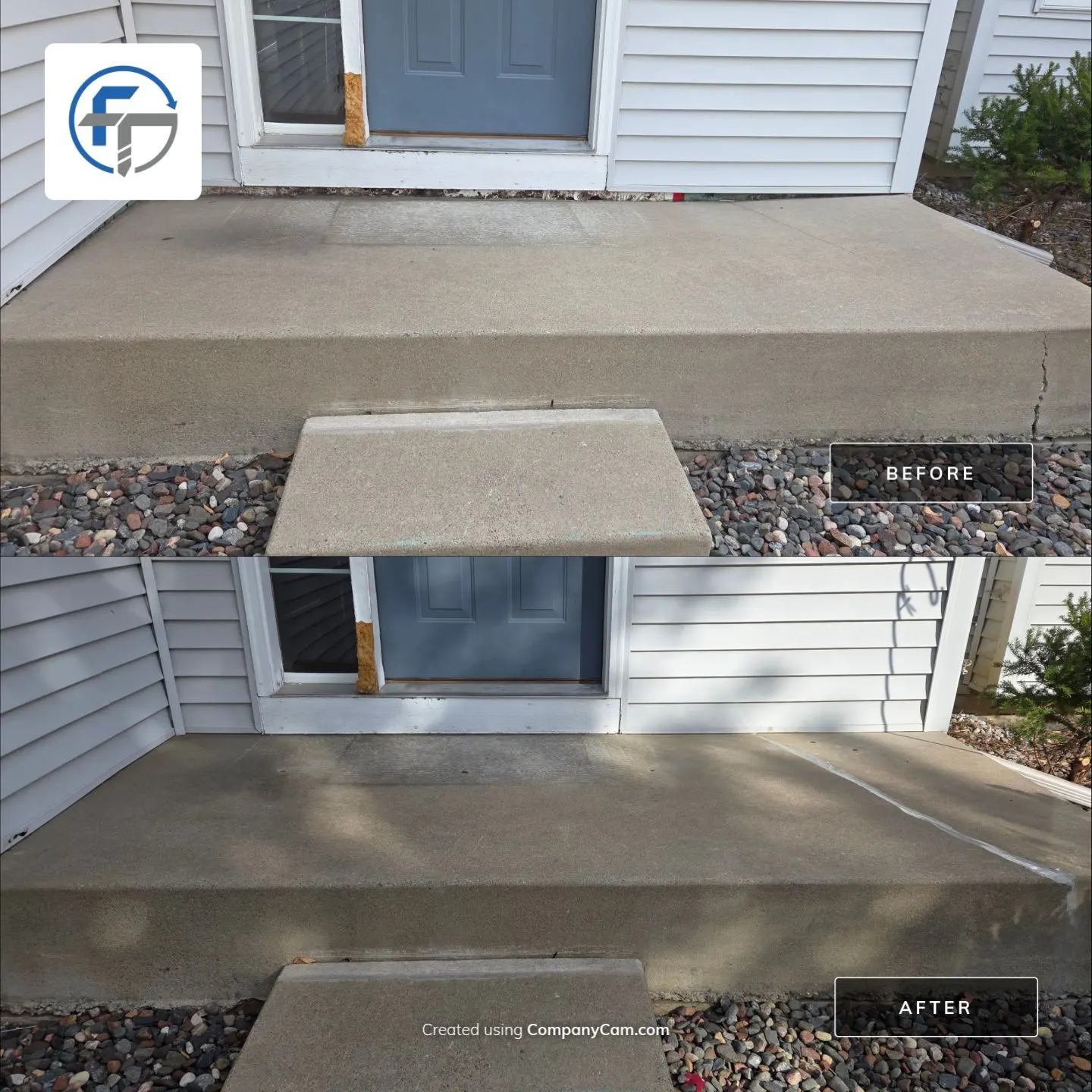 Before and after of a settled porch stoop raised level with the entry